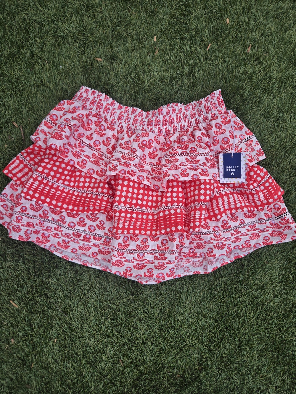 Roller Rabbit Red & White Printed Tiered Skirt